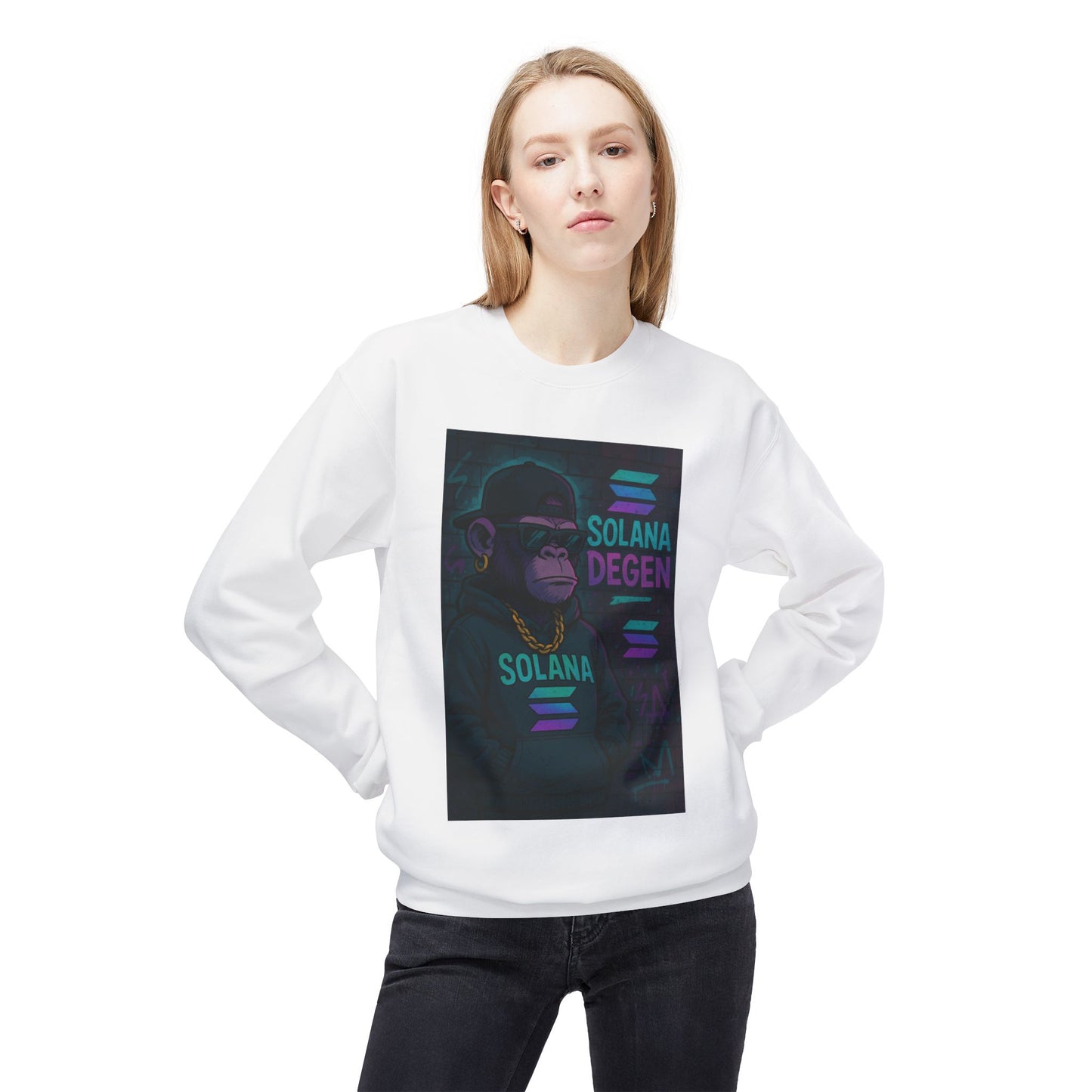 Solana Degen Fleece Sweatshirt, Cozy Crewneck, Unisex Apparel, Gift for Crypto Lovers, Stylish Casual Wear, Trendy Streetwear