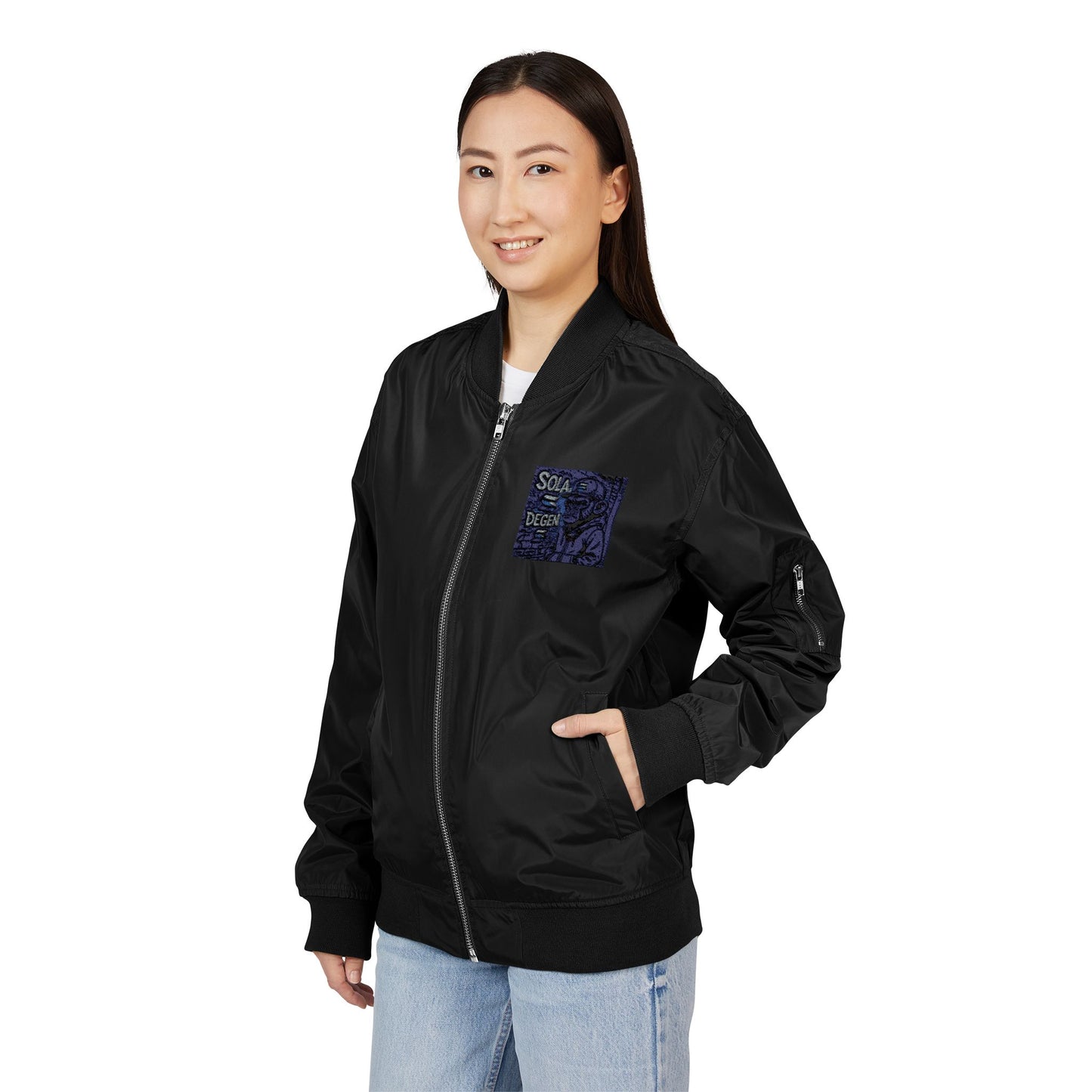 Solana Degen Eco-Friendly Embroidered Bomber Jacket, Stylish Outerwear, Sustainable Fashion, Perfect for Spring, Casual Wear, Great Gift Idea