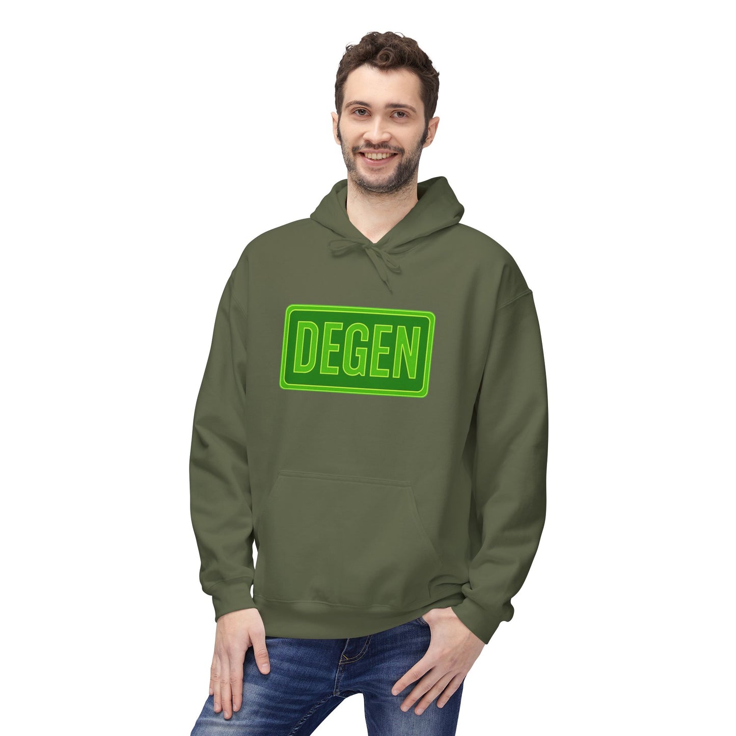 Degen Collection Casual Fleece Hoodie with 'DEGEN' Graphic, Cozy Streetwear, Perfect for Every Day, Great Gift for Friends, Ideal for Layering