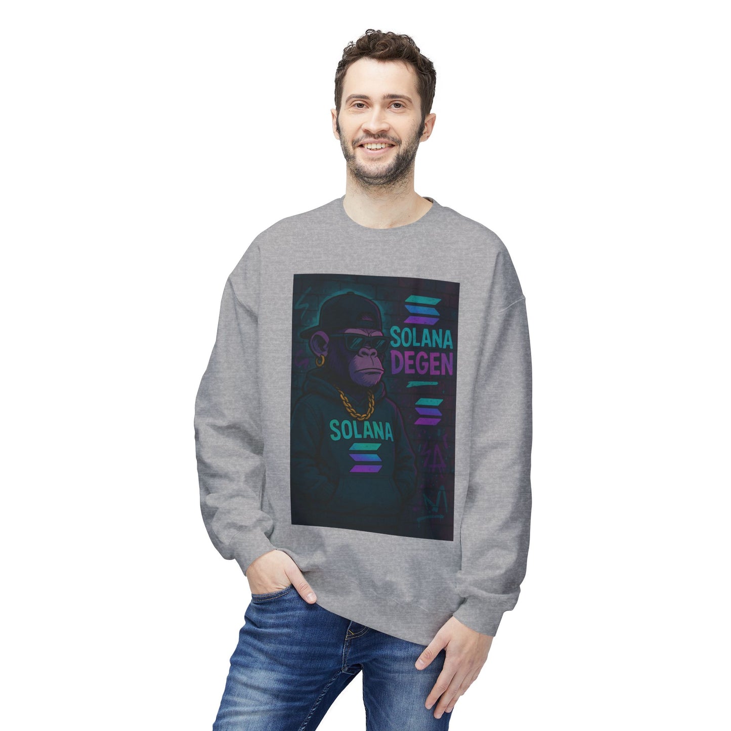 Solana Degen Fleece Sweatshirt, Cozy Crewneck, Unisex Apparel, Gift for Crypto Lovers, Stylish Casual Wear, Trendy Streetwear