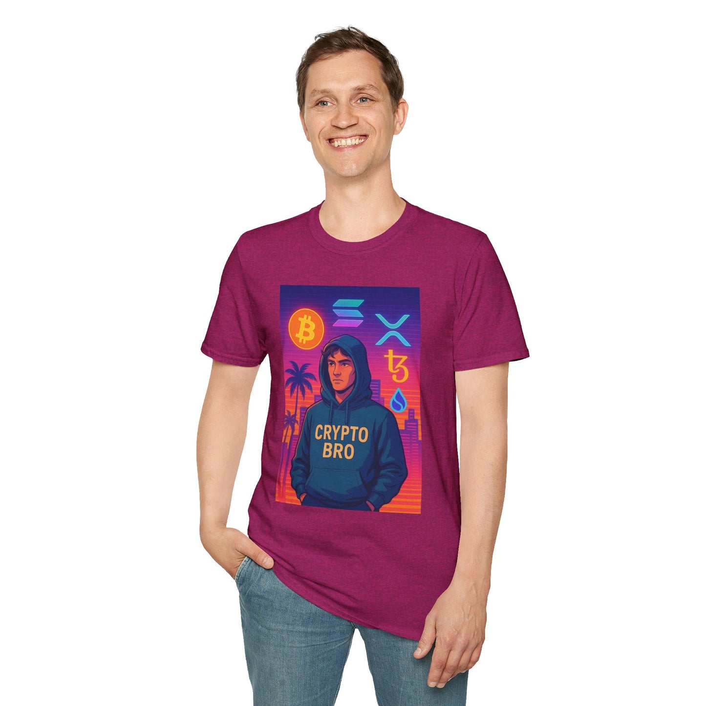 Crypto Bro Miami Neon T-Shirt, Unisex Softstyle Tee for Crypto Lovers, Bitcoin Merch, Tech Apparel, Gamer Shirt, Unique Gift Idea