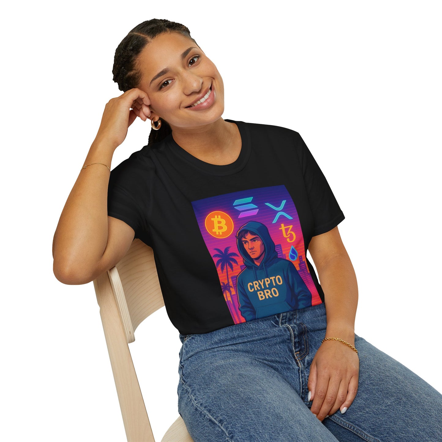 Crypto Bro Miami Neon T-Shirt, Unisex Softstyle Tee for Crypto Lovers, Bitcoin Merch, Tech Apparel, Gamer Shirt, Unique Gift Idea