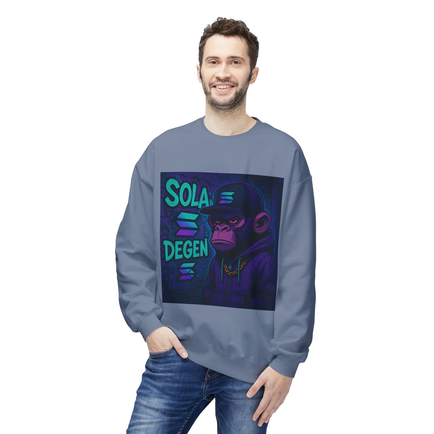 Solana Degen Sweatshirt, Unisex Graphic Crewneck, Crypto Fashion, Trendy Sweatshirt, Gift for Crypto Enthusiasts