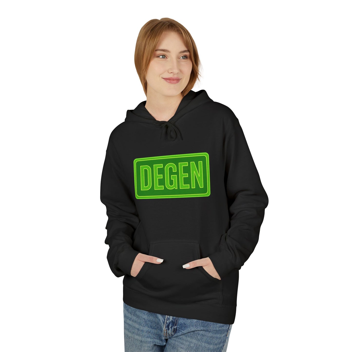 Degen Collection Casual Fleece Hoodie with 'DEGEN' Graphic, Cozy Streetwear, Perfect for Every Day, Great Gift for Friends, Ideal for Layering