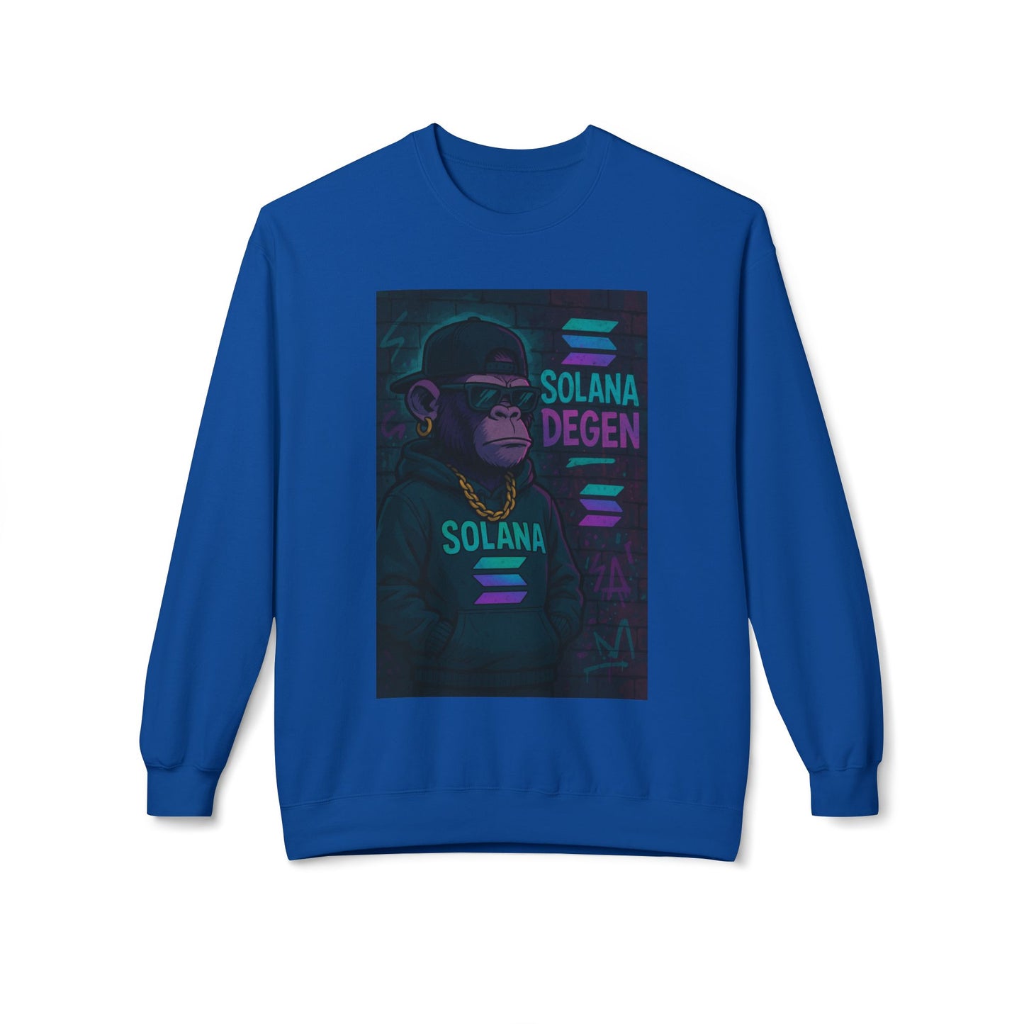 Solana Degen Fleece Sweatshirt, Cozy Crewneck, Unisex Apparel, Gift for Crypto Lovers, Stylish Casual Wear, Trendy Streetwear